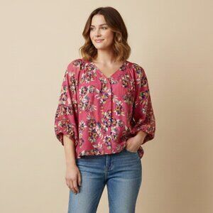 Zac & Rachel Boho Floral Blouse XL Pink Bell Sleeve Crochet Lace Peasant Top